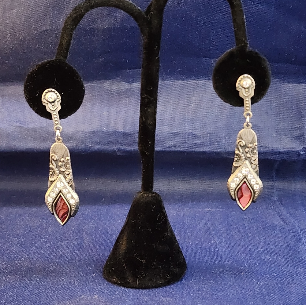 1980s Duri Abalone Shell Rhinstone Pewter Dangle Chandelier Pierced Earrings